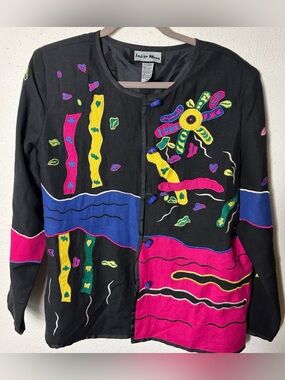Indigo Moon Patchwork Embroidered Jacket, Black, Multicolor, Size M